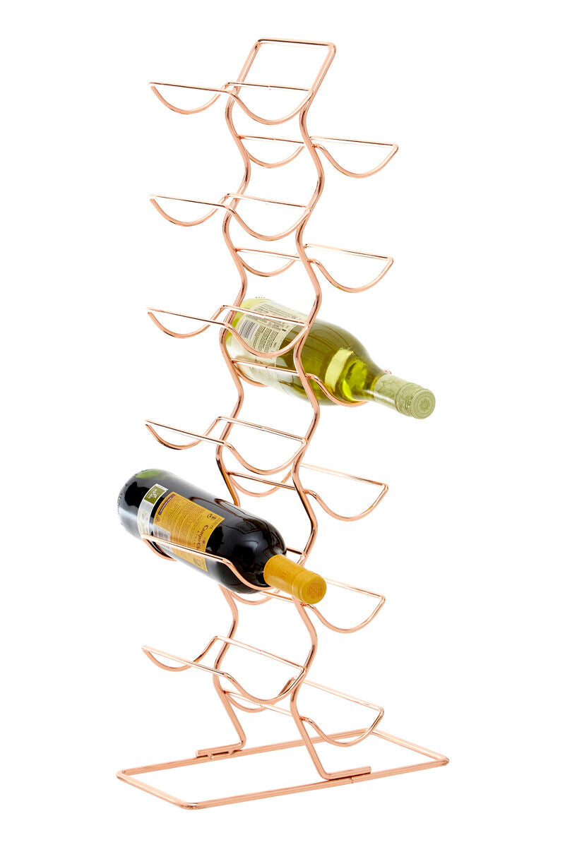 Copper wine rack holding two bottles of wine on a white background