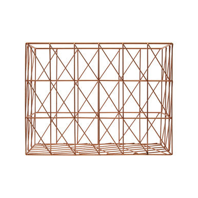 Copper wire wall shelf with geometric design on a white background