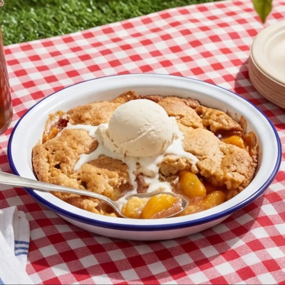 Peach cobbler with ice cream in a bowl on a red and white checkered tablecloth, with &