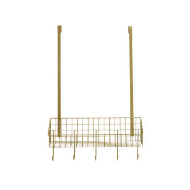 Gold metal wall-mounted basket on a white background