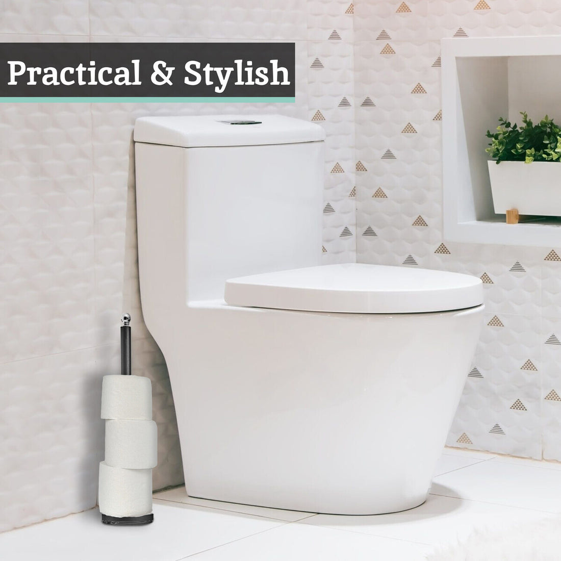 White toilet with a cleaning brush in a bathroom setting, featuring text &
