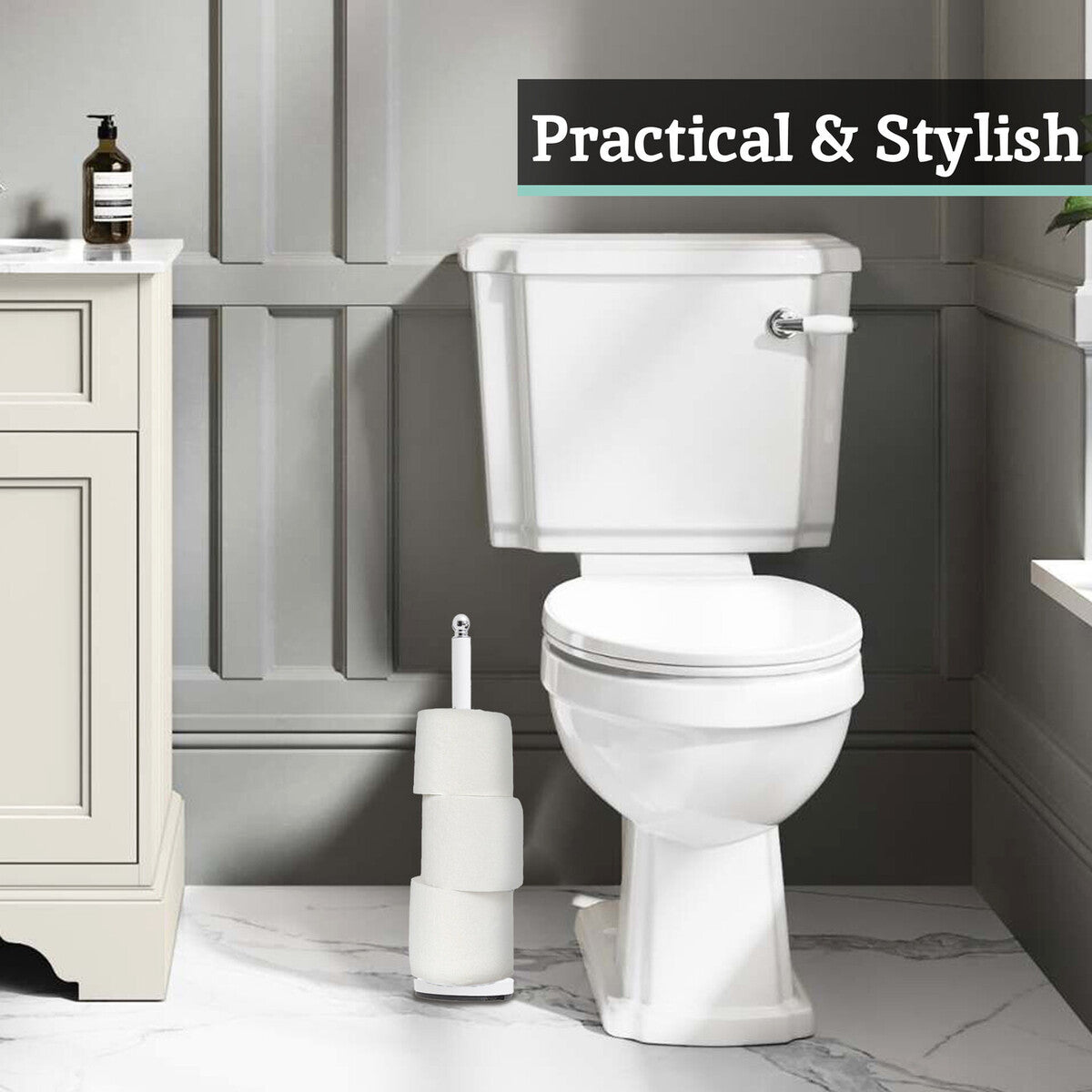 White toilet in a bathroom with a sink and cleaning brush, labeled &