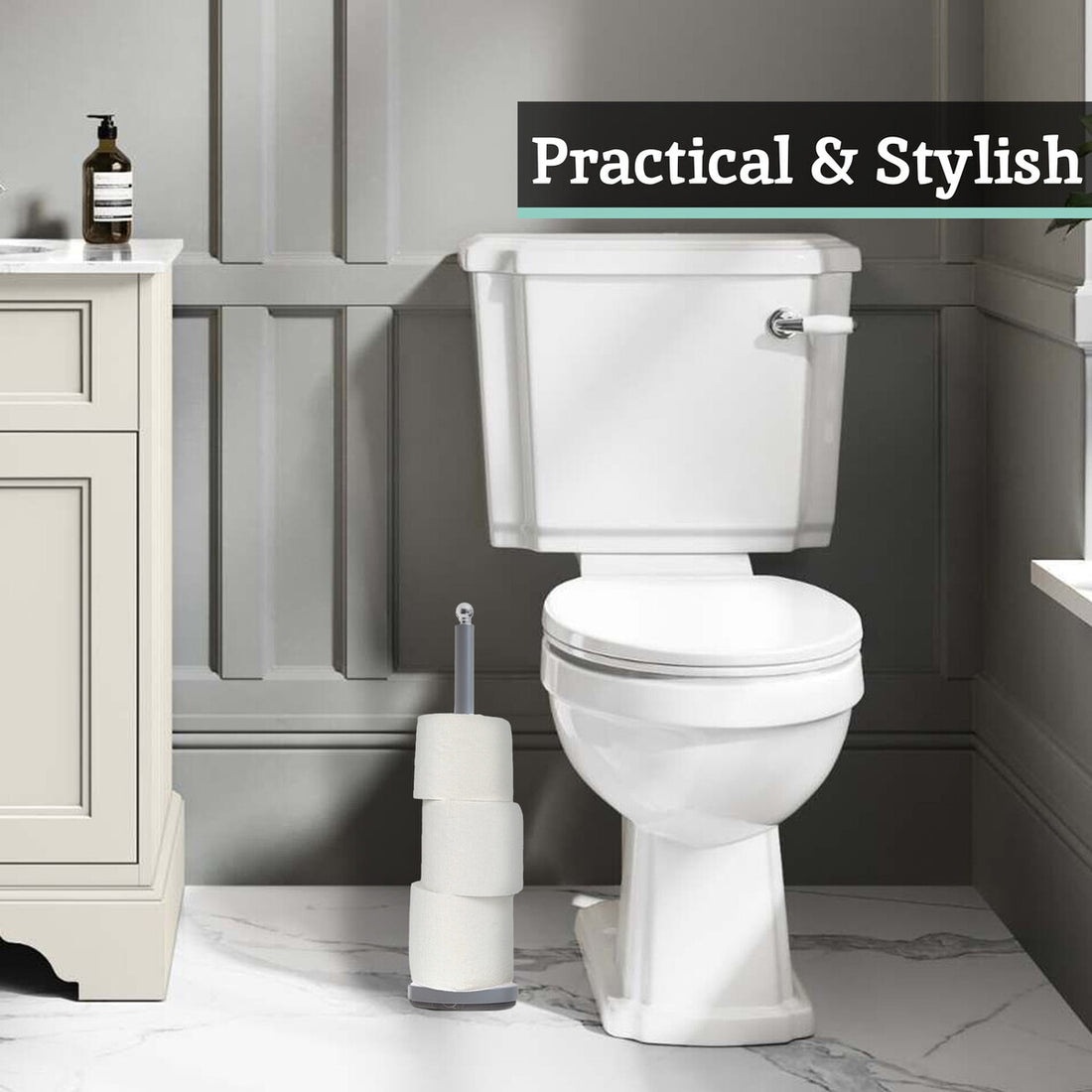 White toilet in a bathroom setting with a sink and cleaning brush.