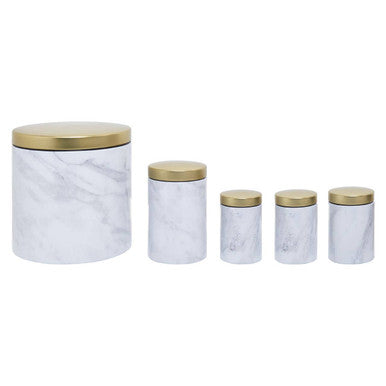 Set of marble-patterned canisters with gold lids on a white background