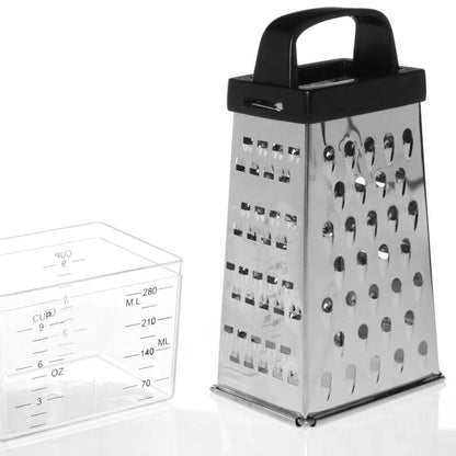 Box grater and clear measuring container on a white background