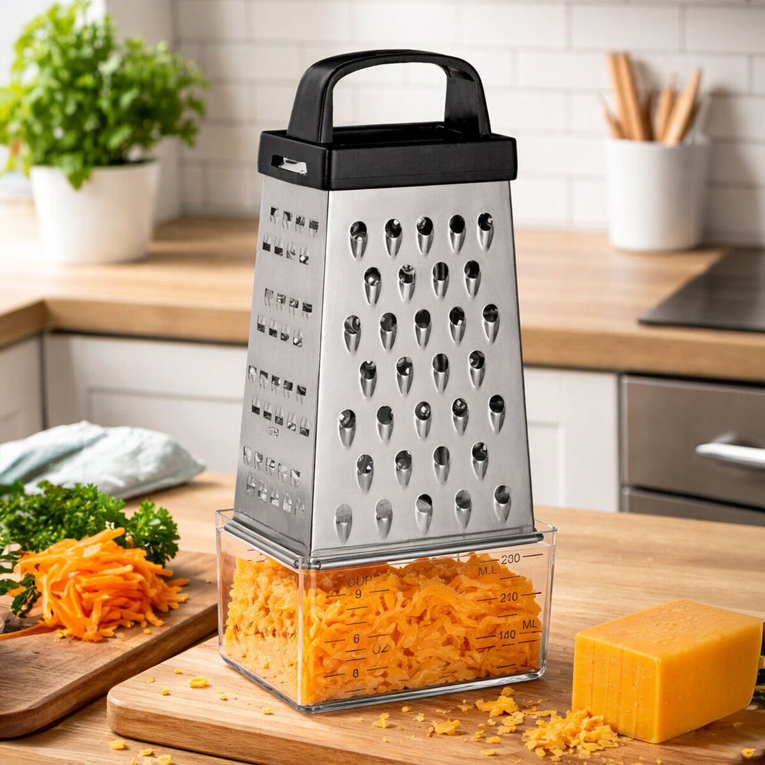 Box grater with shredded carrots on a wooden cutting board in a kitchen setting