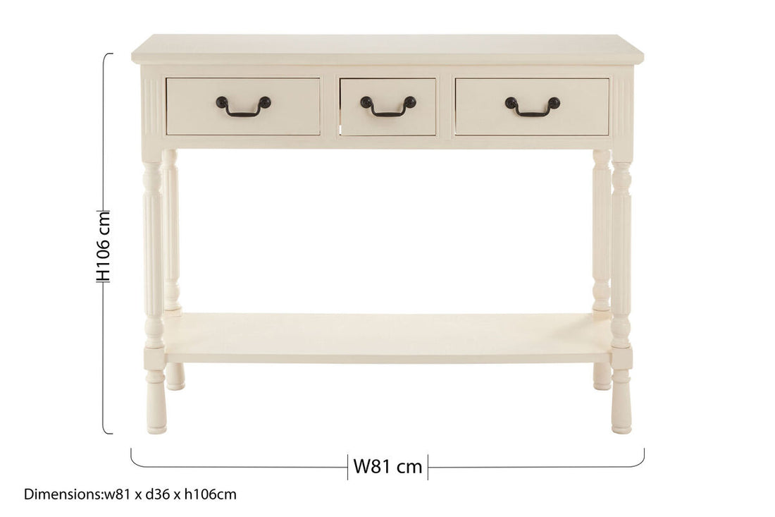 White Ivory Wooden 3-Drawer Console Table with Bevelled Top and Bottom Shelf, Heritage