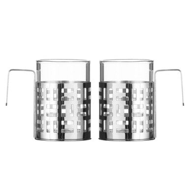 Two silver metal ice buckets with handles on a white background