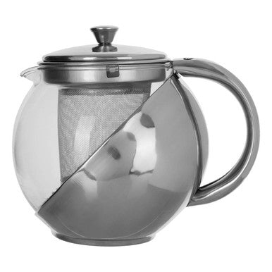 Stainless steel tea ball with mesh filter on a white background