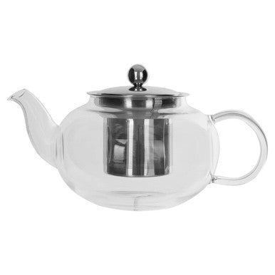 Clear glass teapot with metal lid and handle on a white background