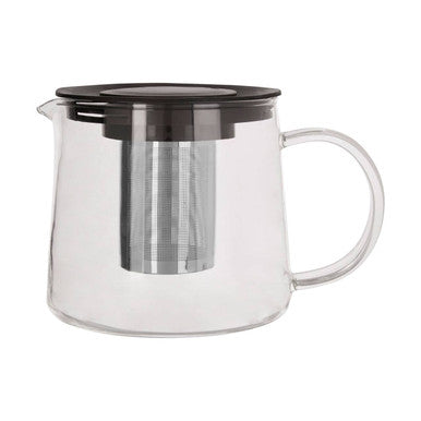 Clear glass teapot with black lid and stainless steel filter on a white background