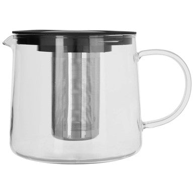 Clear glass teapot with black lid and handle on a white background