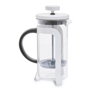 French press coffee maker with a white lid and black handle on a white background