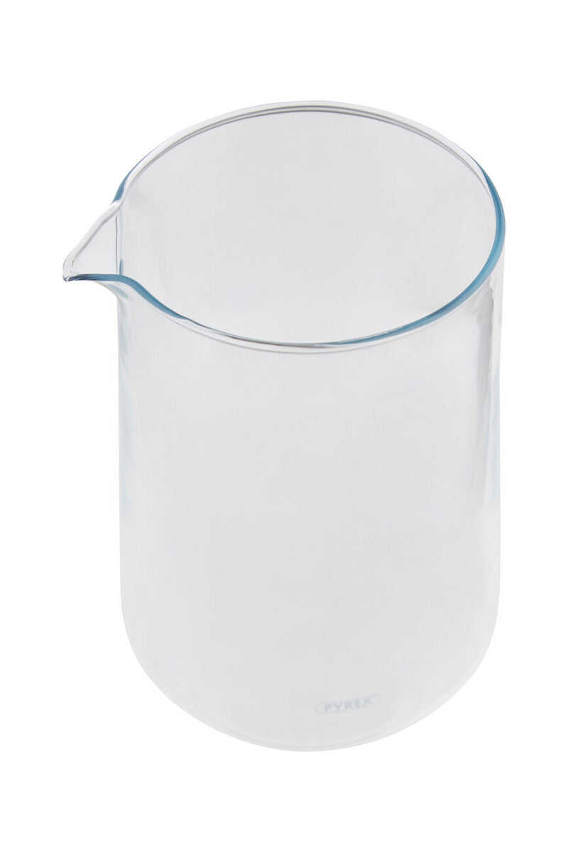 Clear glass pitcher with blue rim on a white background
