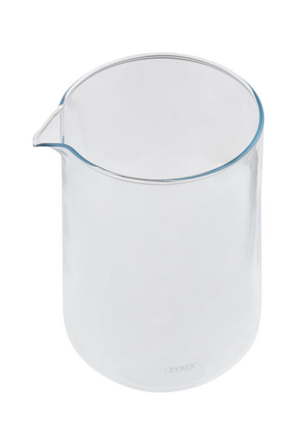 Clear glass pitcher with blue rim on a white background