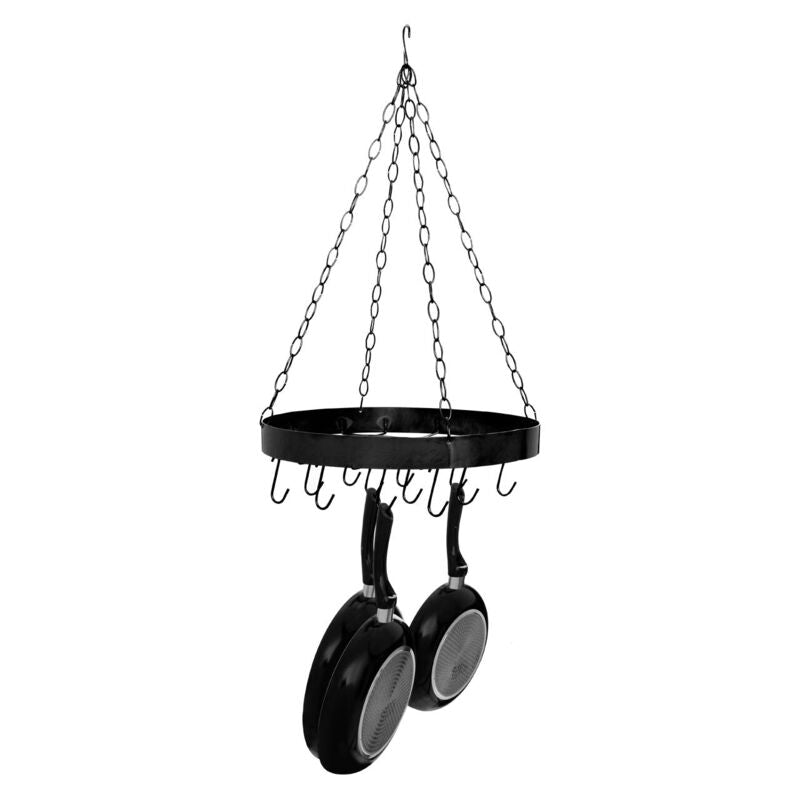 Black hanging pot rack with hooks on a white background
