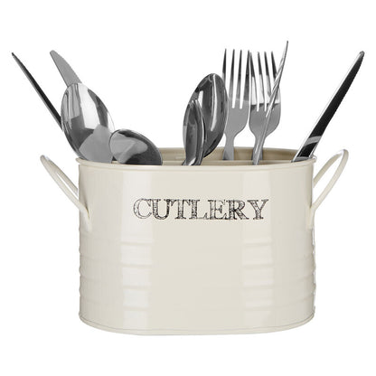 White cutlery holder with silverware inside on a white background