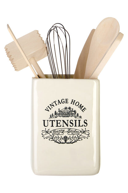 Vintage Home Square Cream Utensil Holder With 6 Utensils