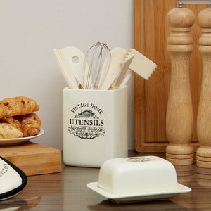 Cream Utensil Holder with 6 Utensils | Vintage Home