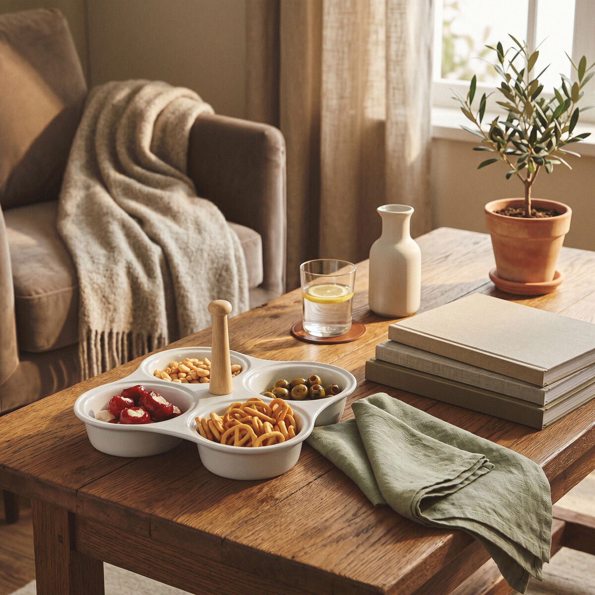 4 Section White Ceramic Snack Dish | Dela