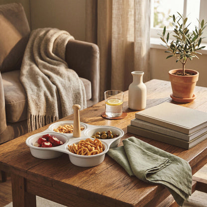 4 Section White Ceramic Snack Dish | Dela