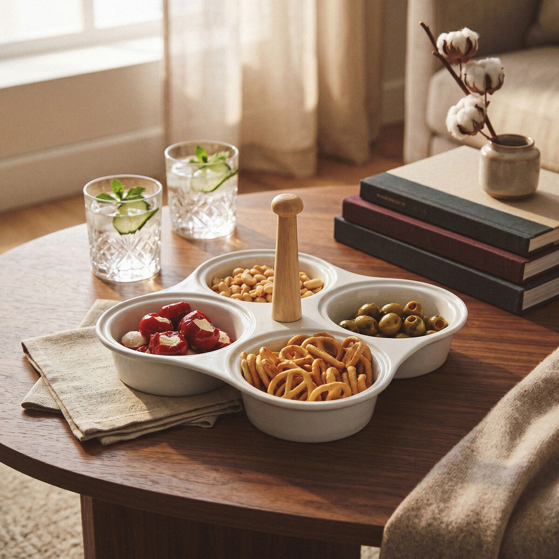 A white ceramic four-bowl snack tray with a wooden handle, styled on a round wooden table in a warm, sunlit room. The tray contains pretzels, olives, nuts, and strawberries, with two glasses of water and stacked books nearby.