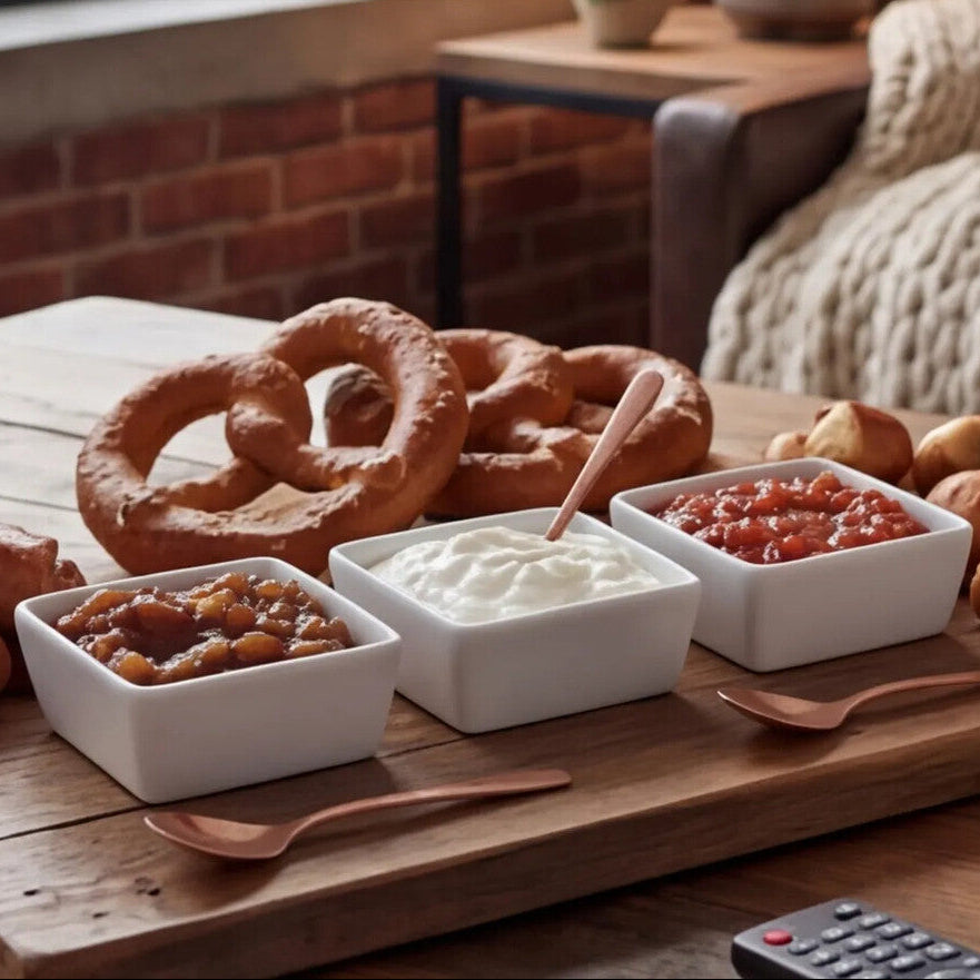 Wooden board with pretzels, sausages, and dips in a cozy living room setting.