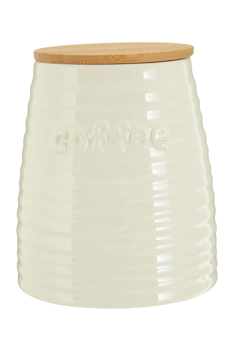White ceramic jar with a wooden lid on a white background