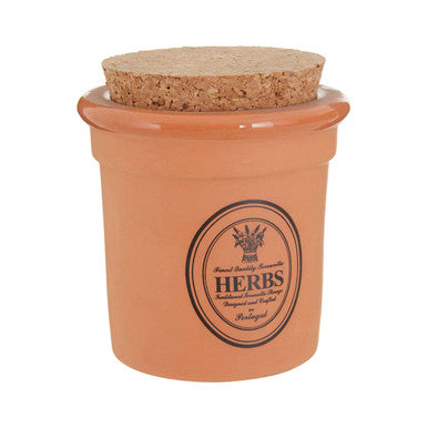 Terracotta jar with cork lid labeled &