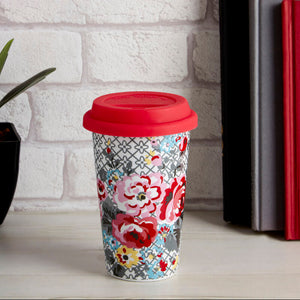 Floral Ceramic Reusable Mug with Silicone Lid | Taza