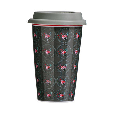 Reusable coffee cup with a patterned design on a white background