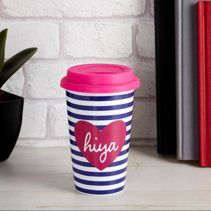 Striped travel mug with pink lid and &