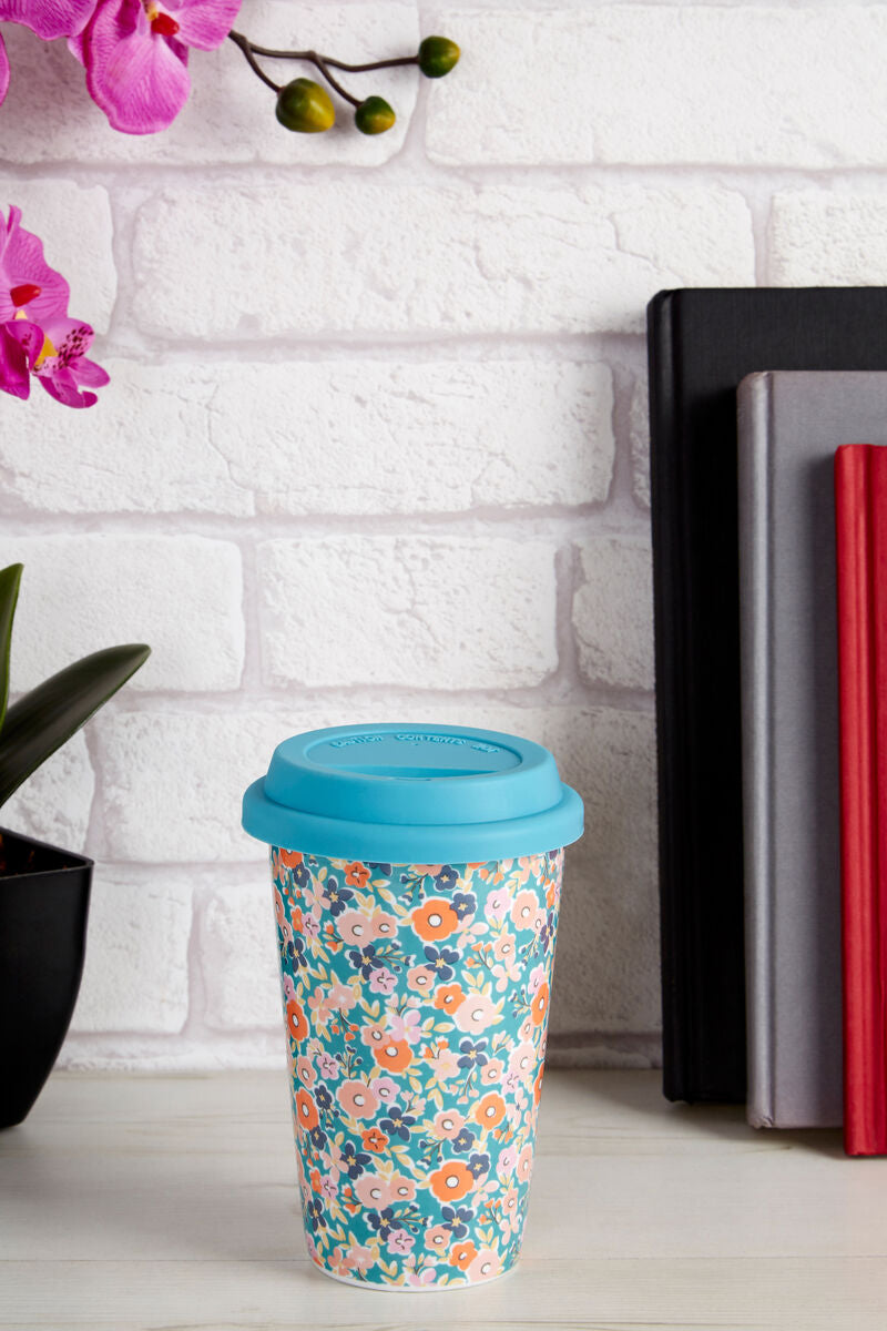 Taza Floral Design Ceramic Travel Mug with Silicone Lid