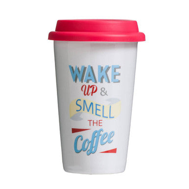 White travel mug with red lid and colorful text &