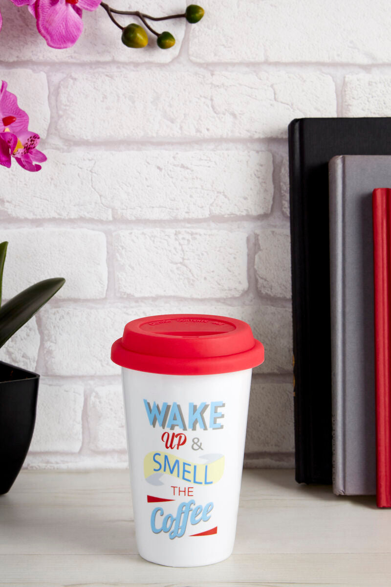 Taza Wake Up Ceramic Reusable Mug with Silicone Lid