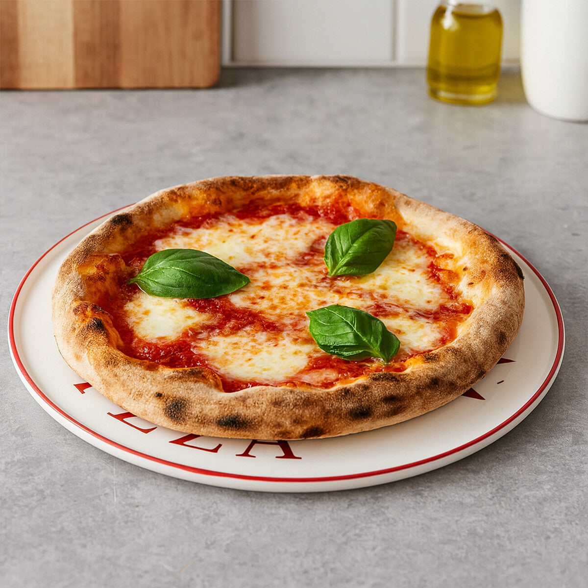 Margherita pizza on a plate with basil leaves on a gray surface