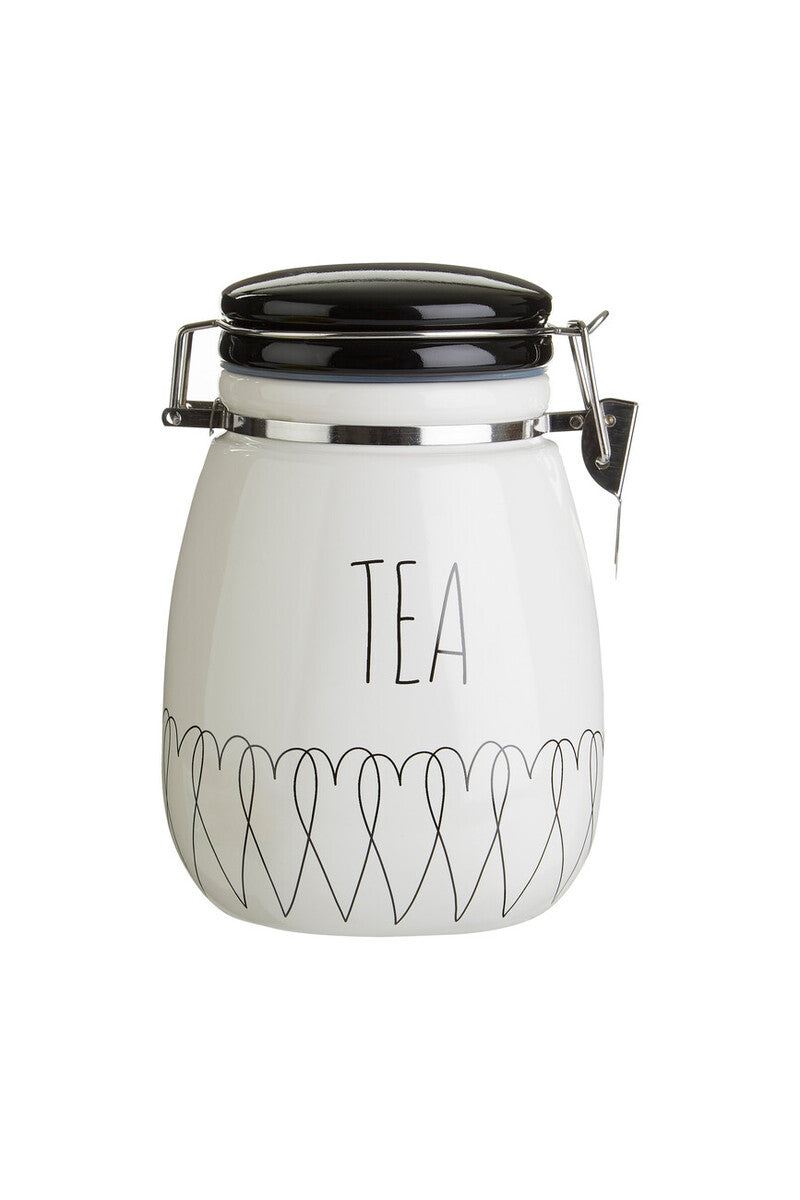 White jar with black lid and &