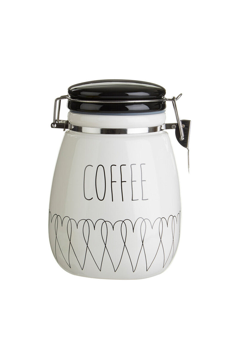 White coffee jar with black lid and &