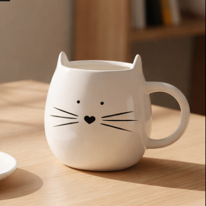 Cat-shaped mug and coaster set on a wooden surface with &