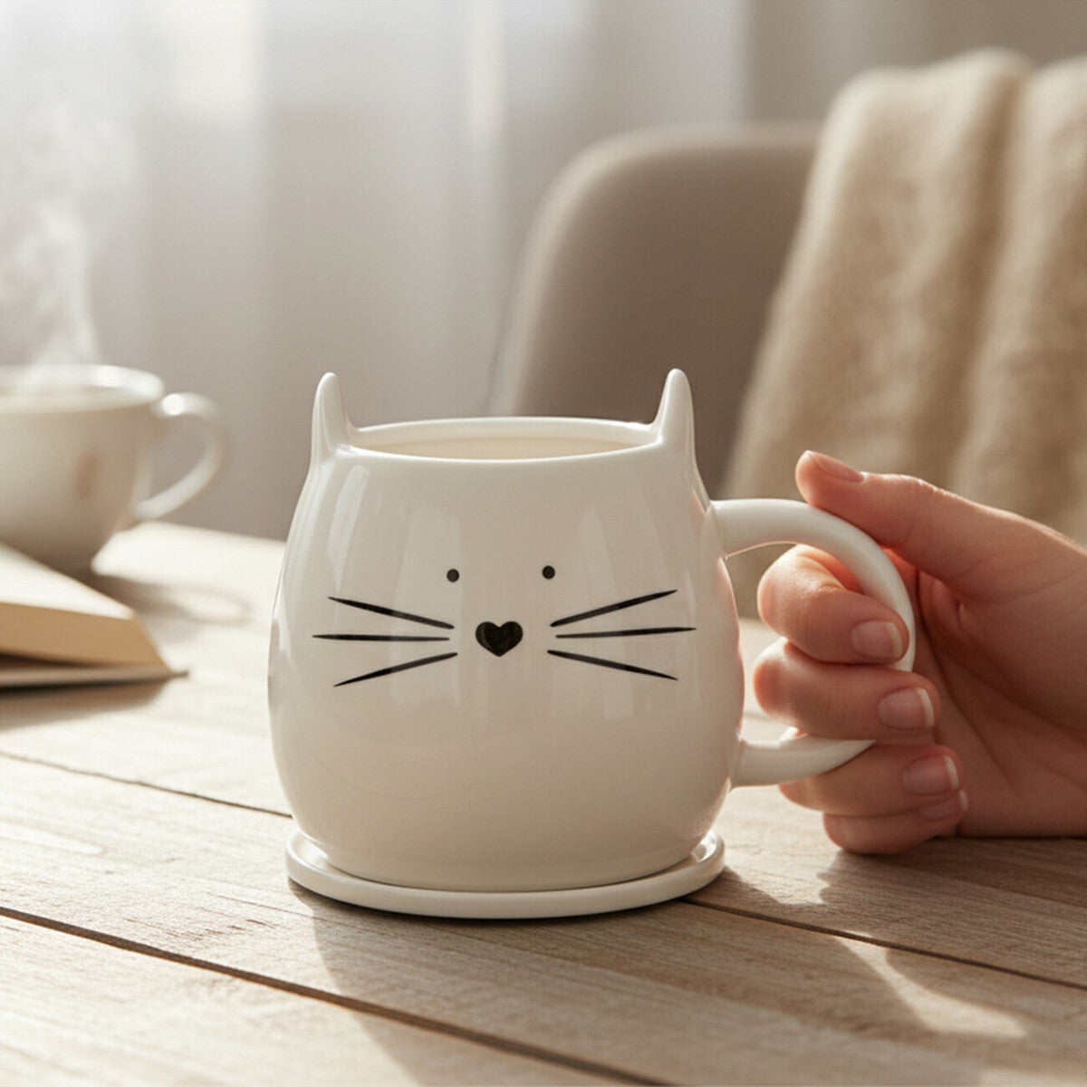 White cat-shaped mug with a hand holding it on a wooden surface.