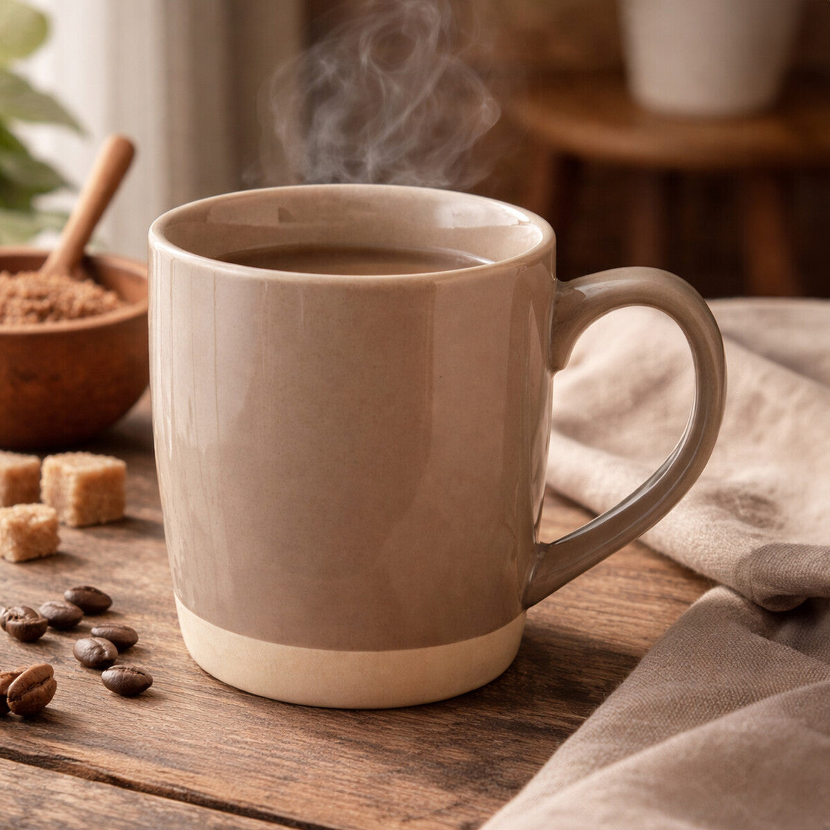 Steaming mug of coffee on a wooden table with coffee beans and sugar cubes.