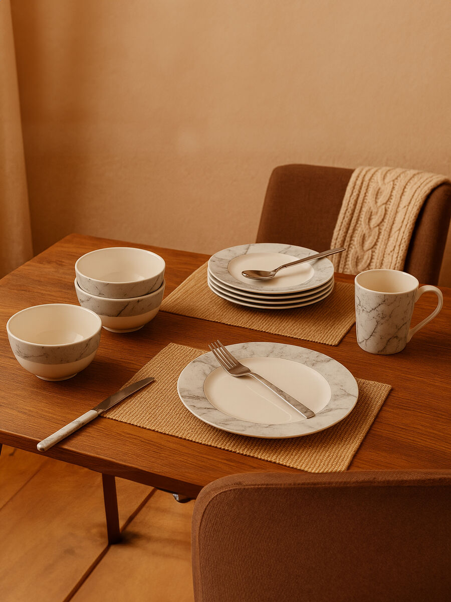 Avie 16Pc White And Grey Marble Effect Dinner Set