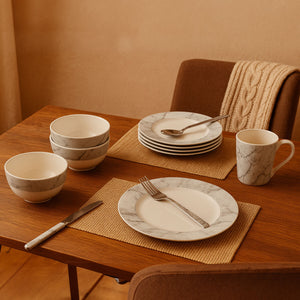 16 Piece White and Grey Marble Design Dinner Set | Avie