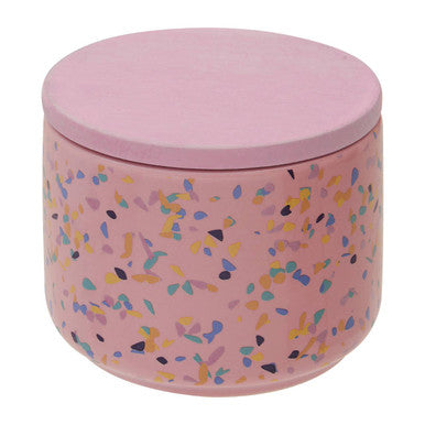 Pink container with colorful speckles on a white background