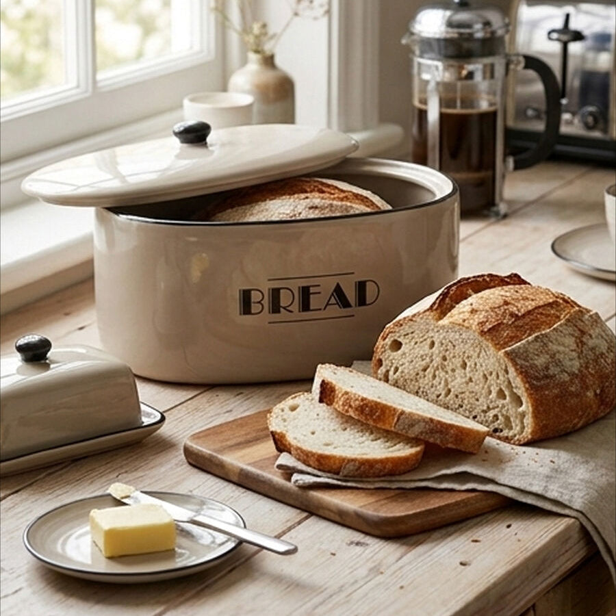 Bread storage container on a wooden table with sliced bread and butter.