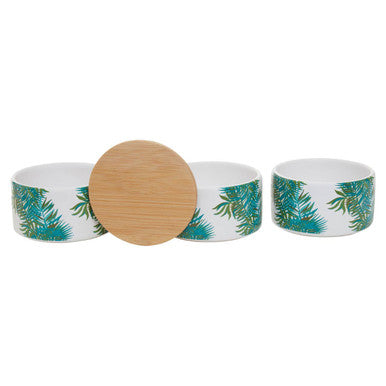 Set of three bowls with a central wooden lid on a white background