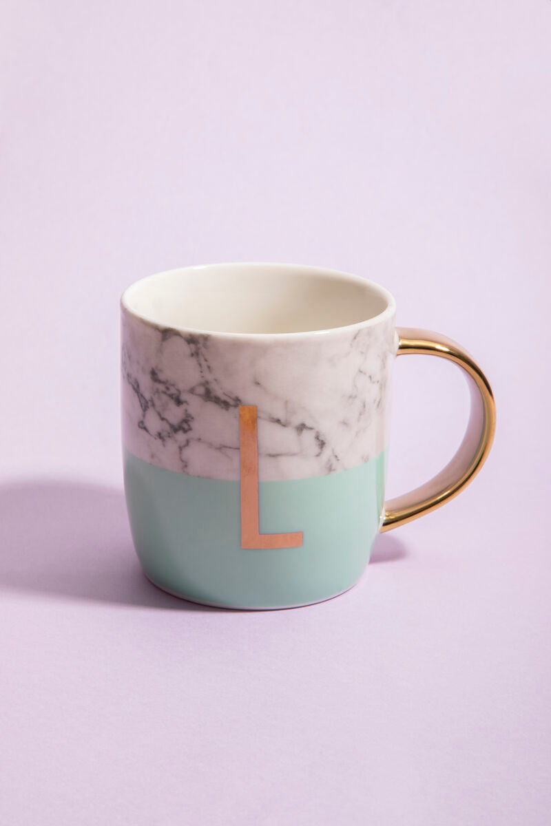 Frosted Deco Marble Effect and Pastel Green Monogram Mug, L