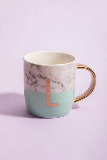 Frosted Deco Marble Effect and Pastel Green Monogram Mug, L