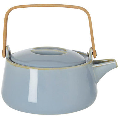 Blue teapot with a wooden handle on a white background
