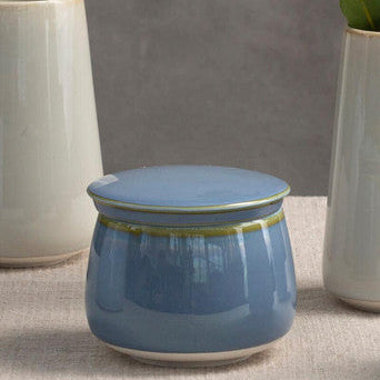Blue ceramic pot with a green rim on a textured surface with a neutral background